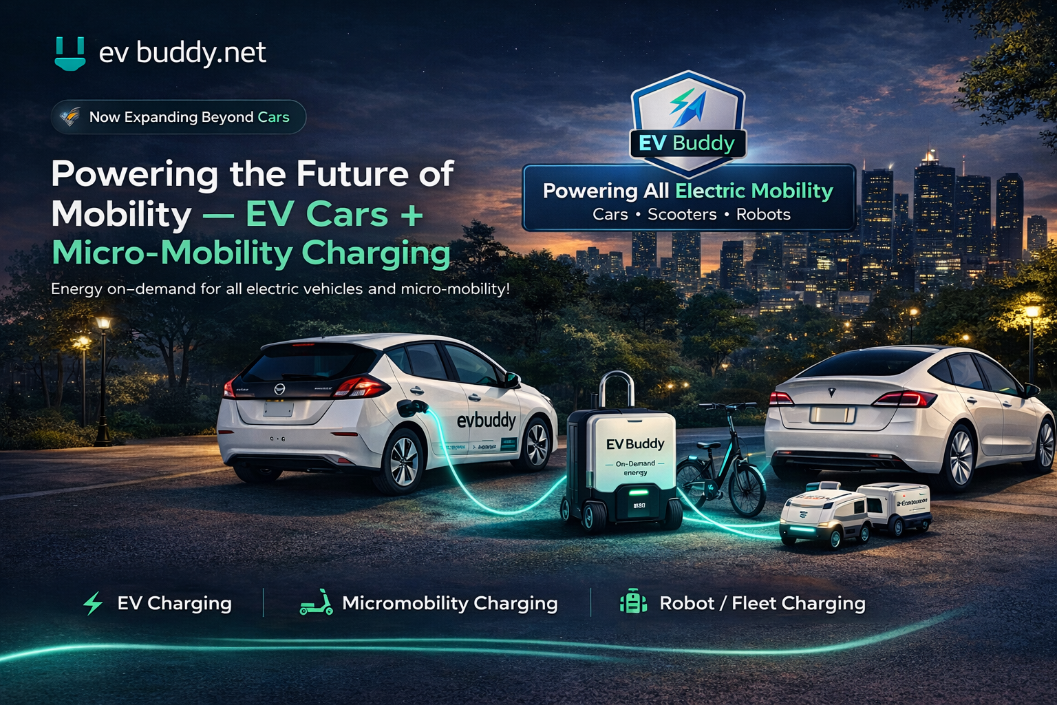 EV Buddy charging EVs, e-bikes, e-scooters, and delivery robots